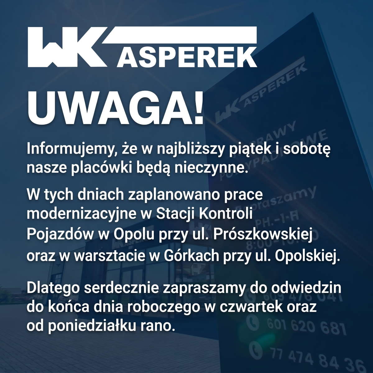 Waldemar Kasperek - Uwaga nieczynne 12-13 czerwiec 2026